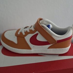 Nike Kids' White and Brown Sneakers with Red Swoosh